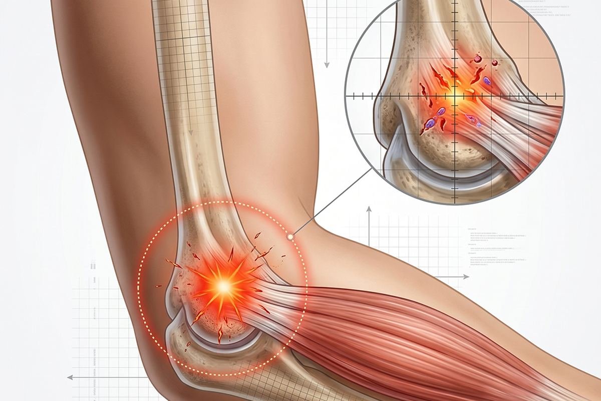 잠실 팔꿈치통증·테니스엘보·골프엘보 — 팔꿈치 힘줄 부착부 일러스트