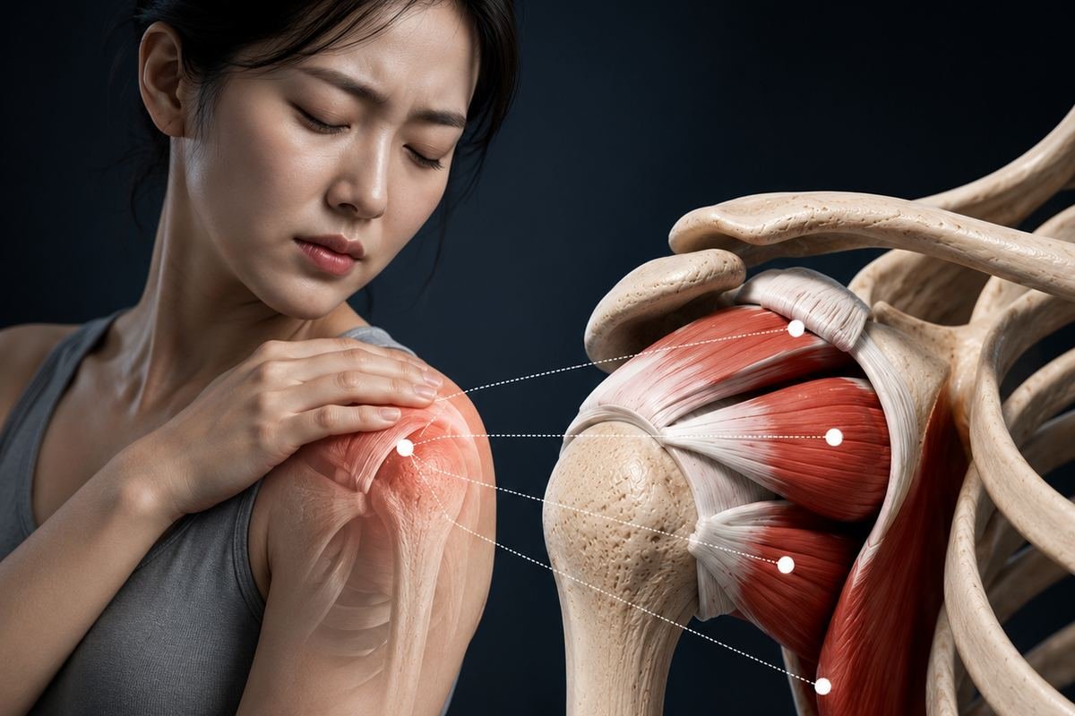 잠실 어깨통증·오십견·회전근개 질환 — 어깨 통증과 회전근개 구조 일러스트